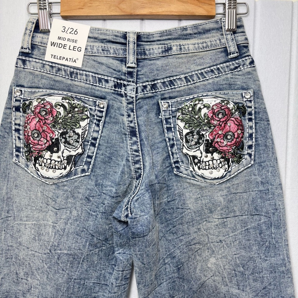 Telepatia Mid Rise Wide Stylish Blue Denim Jeans with Skull and Rose‎ Embroidery